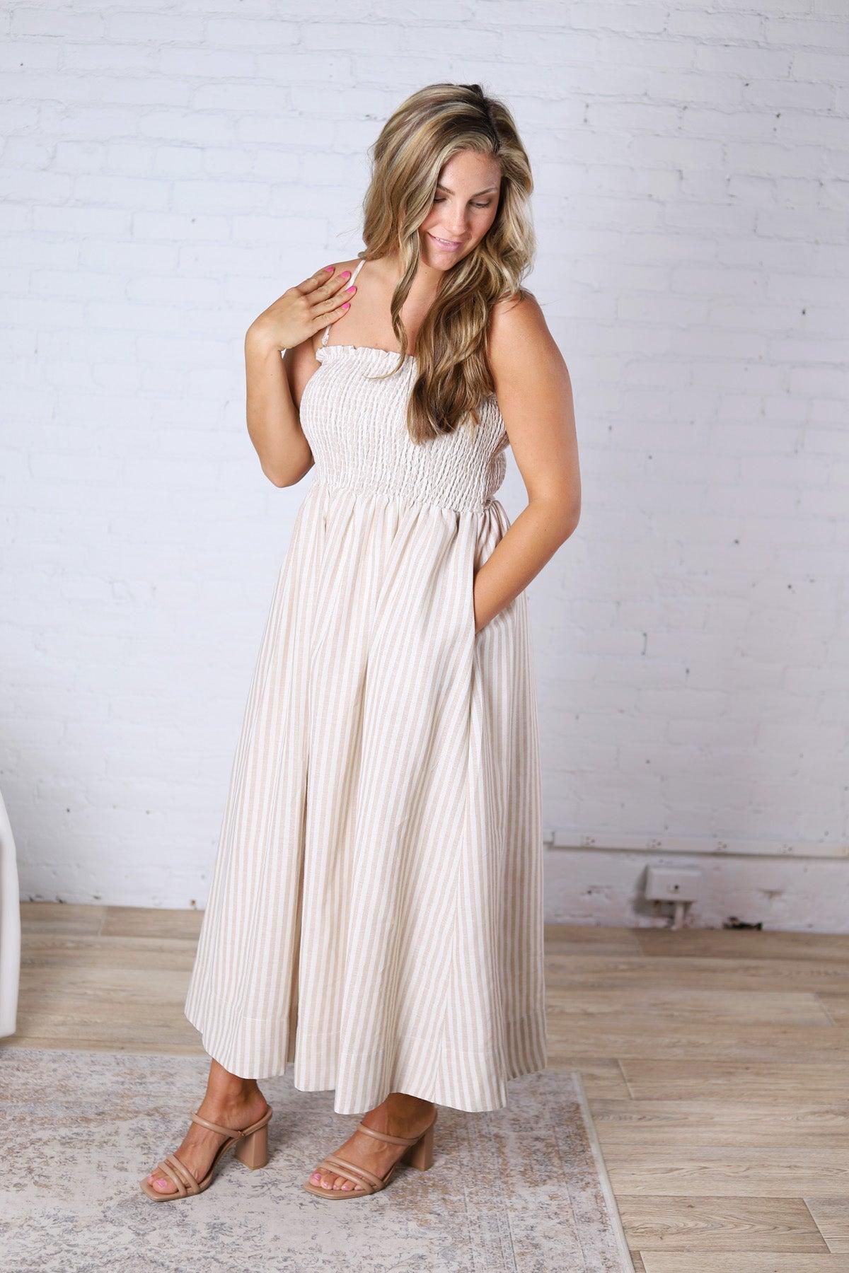 Aurelia Smocked Top Stripe Dress - Tan