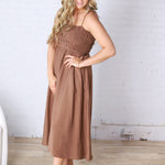 Avalon Shirred Bodice Spaghetti Strap Midi Dress - Brown