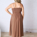Avalon Shirred Bodice Spaghetti Strap Midi Dress - Brown