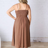 Avalon Shirred Bodice Spaghetti Strap Midi Dress - Brown