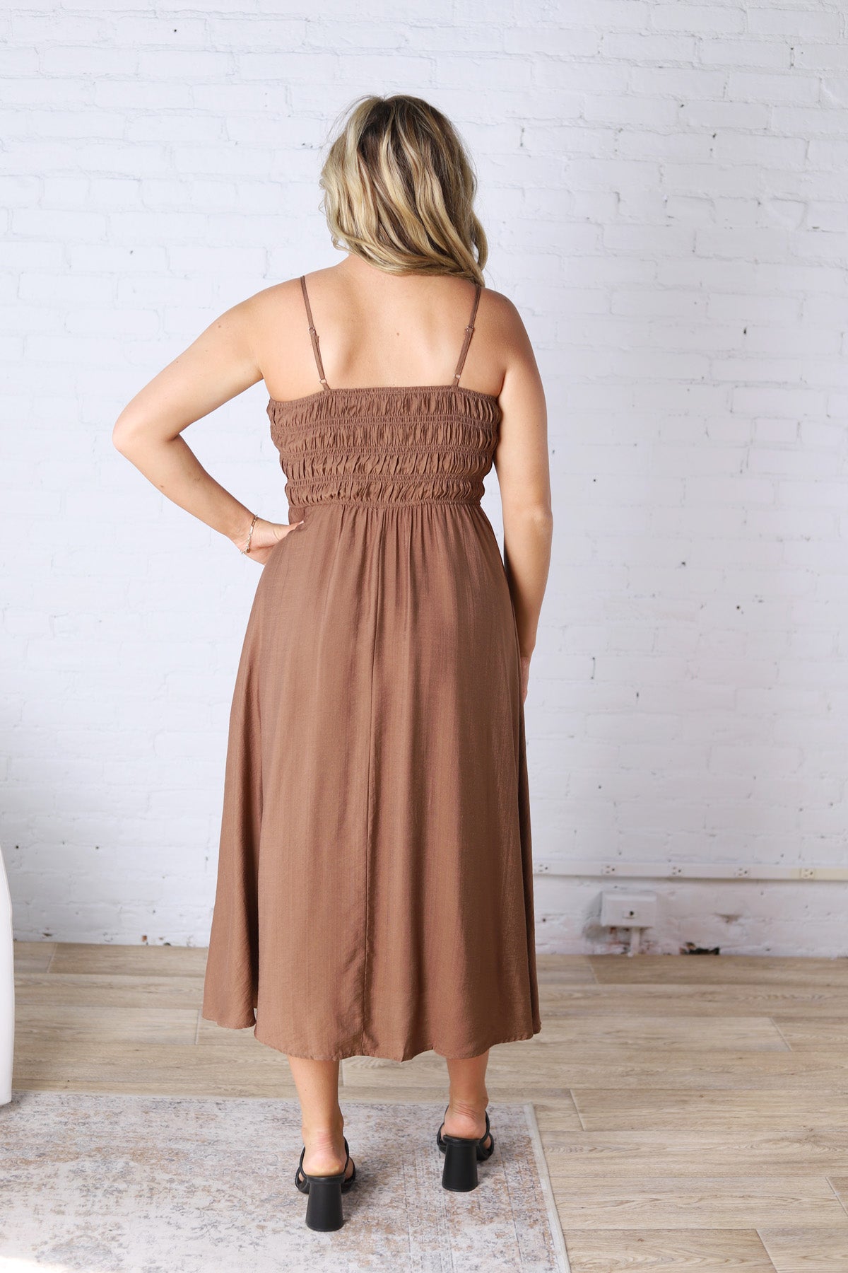 Avalon Shirred Bodice Spaghetti Strap Midi Dress - Brown