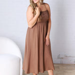 Avalon Shirred Bodice Spaghetti Strap Midi Dress - Brown