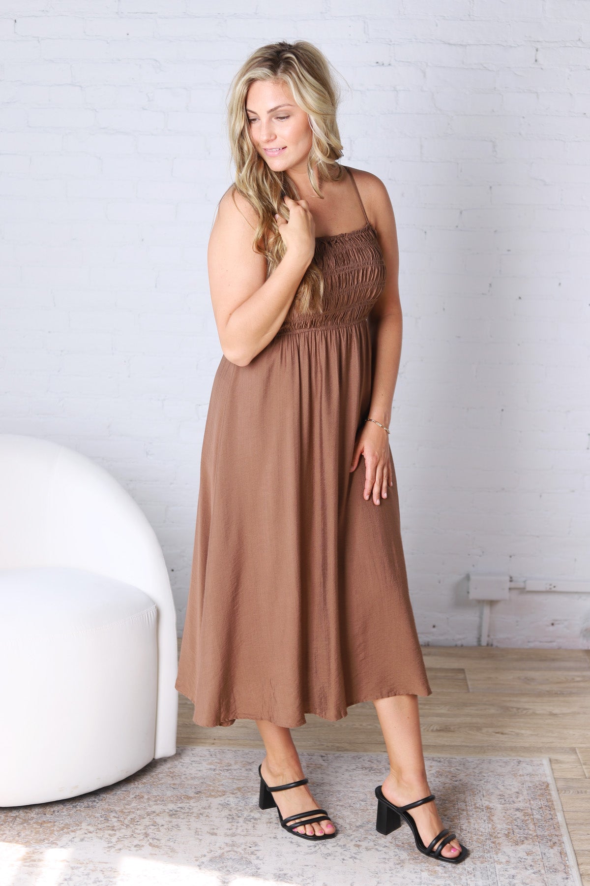 Avalon Shirred Bodice Spaghetti Strap Midi Dress - Brown