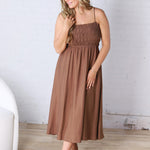 Avalon Shirred Bodice Spaghetti Strap Midi Dress - Brown