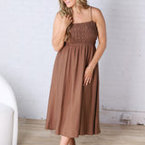 Avalon Shirred Bodice Spaghetti Strap Midi Dress - Brown
