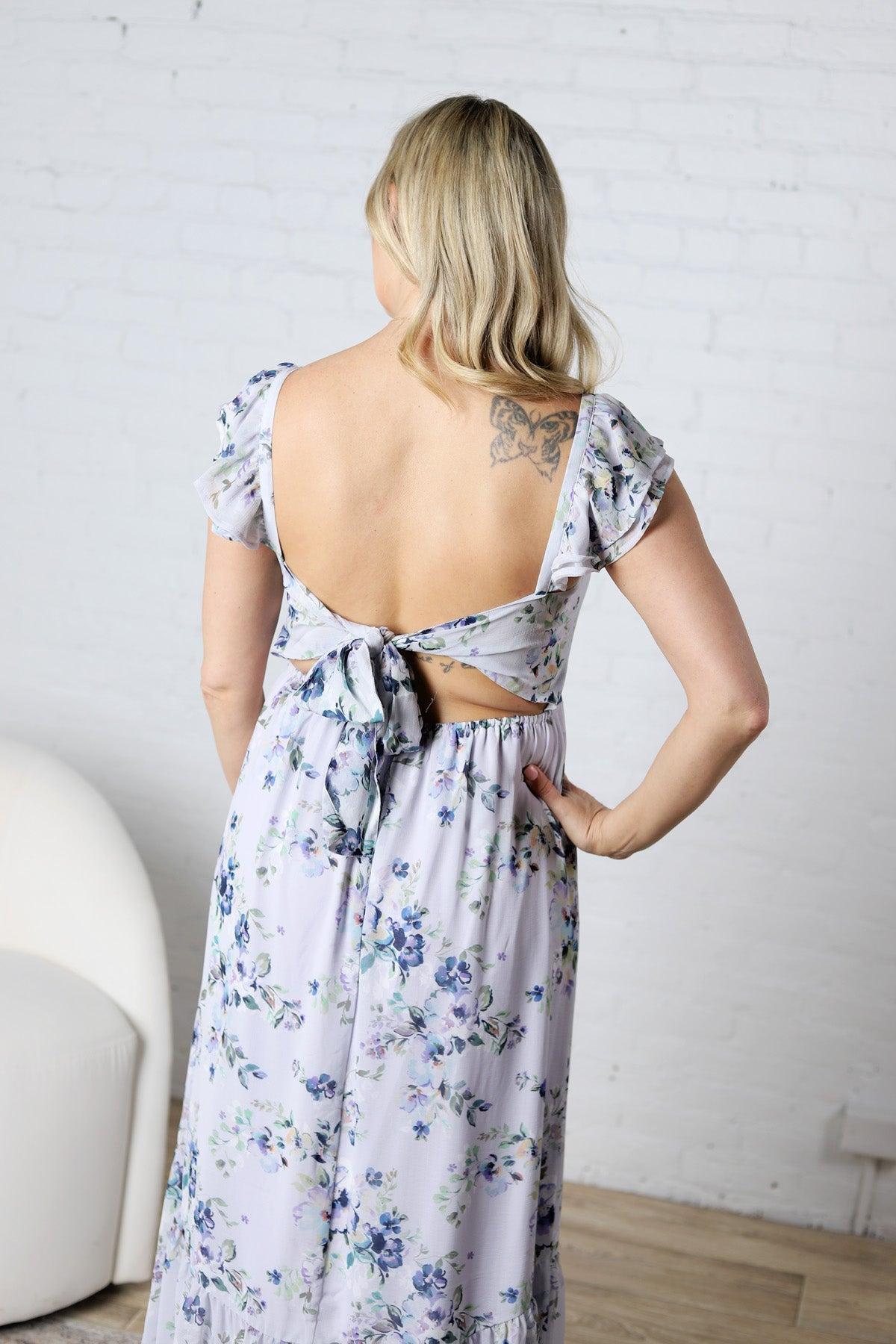 Avalyn Floral Textured Open Back Tie Midi Dress