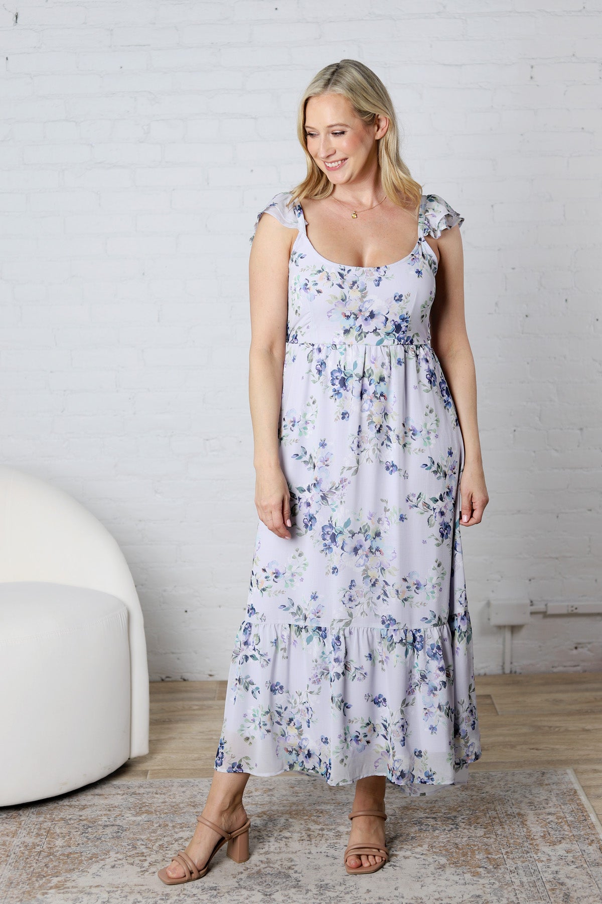 Avalyn Floral Textured Open Back Tie Midi Dress