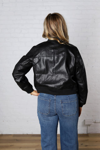 Avelie Classic Cut Leather Bomber Jacket - Black
