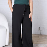 Aveline Soft Linen Smocked Waist Wide Leg Pants - Black