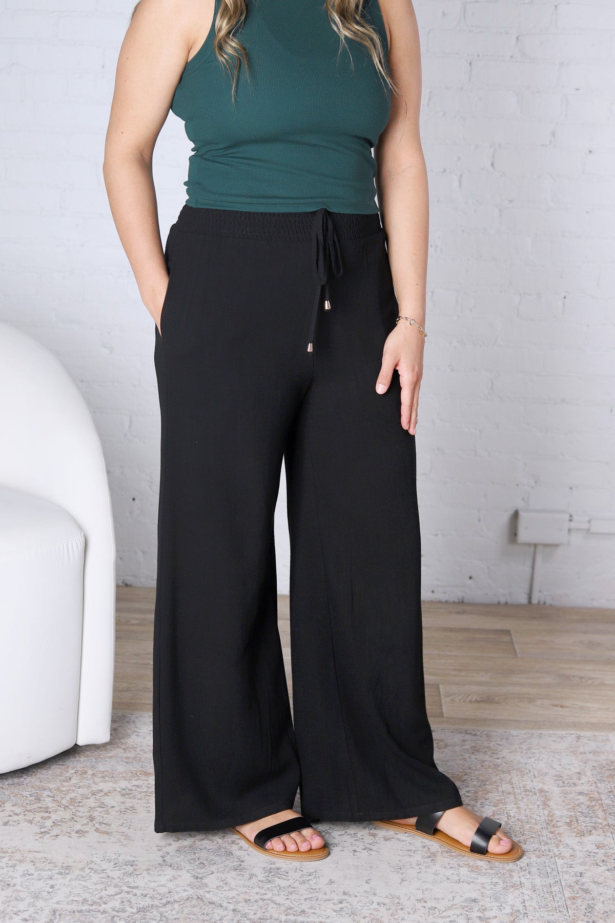 Aveline Soft Linen Smocked Waist Wide Leg Pants - Black