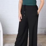 Aveline Soft Linen Smocked Waist Wide Leg Pants - Black