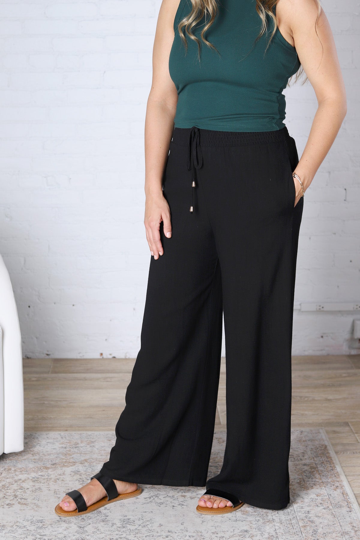 Aveline Soft Linen Smocked Waist Wide Leg Pants - Black