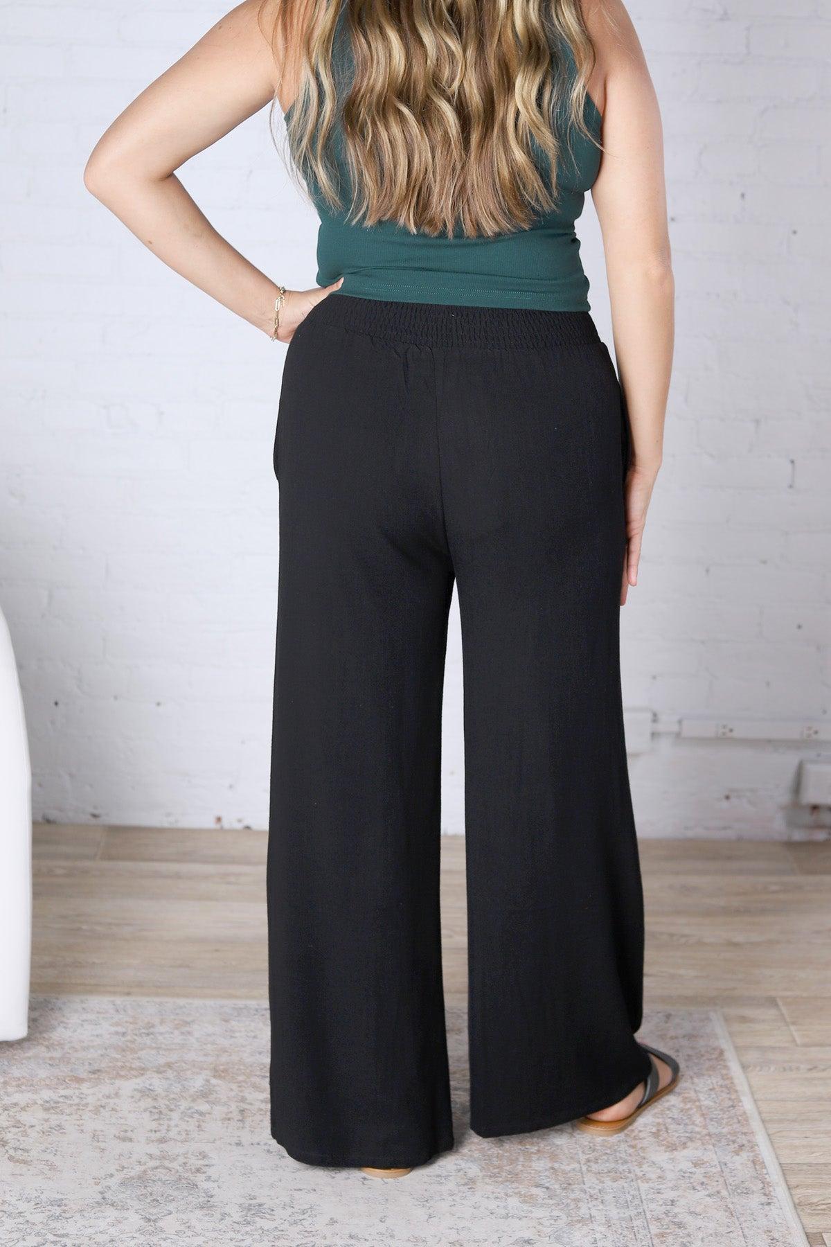 Aveline Soft Linen Smocked Waist Wide Leg Pants - Black