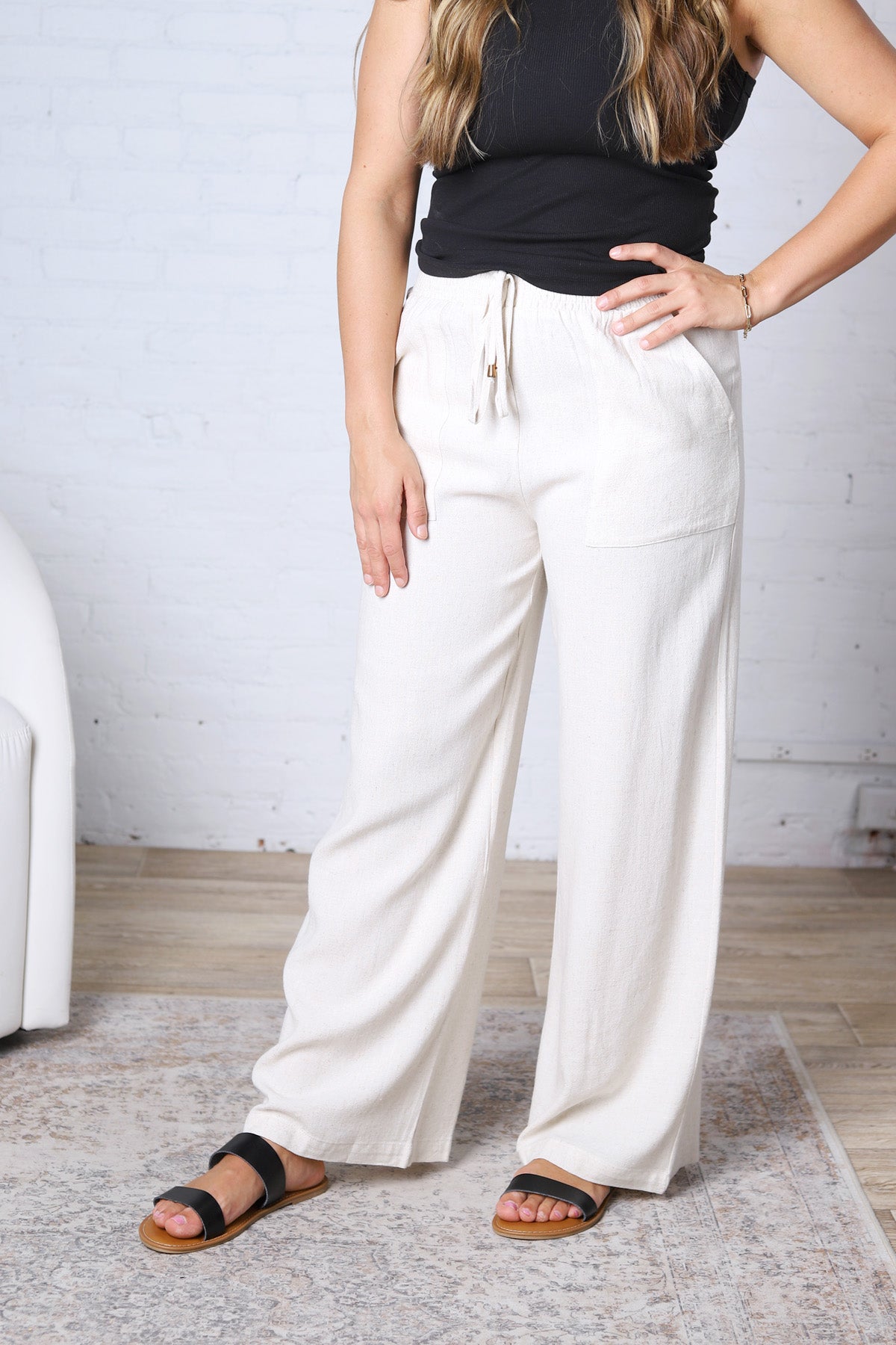 Aveline Soft Linen Smocked Waist Wide Leg Pants - Natural