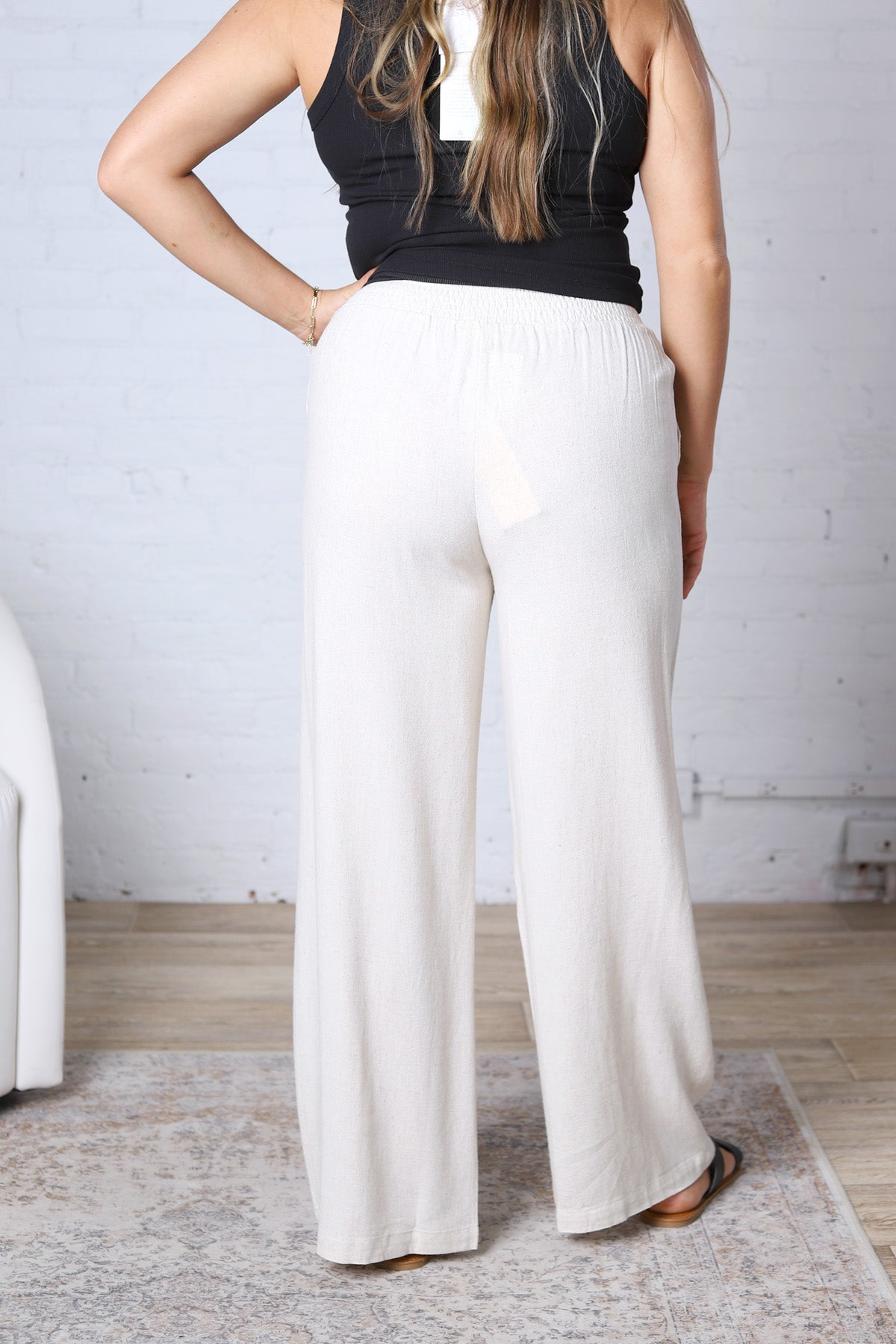 Aveline Soft Linen Smocked Waist Wide Leg Pants - Natural