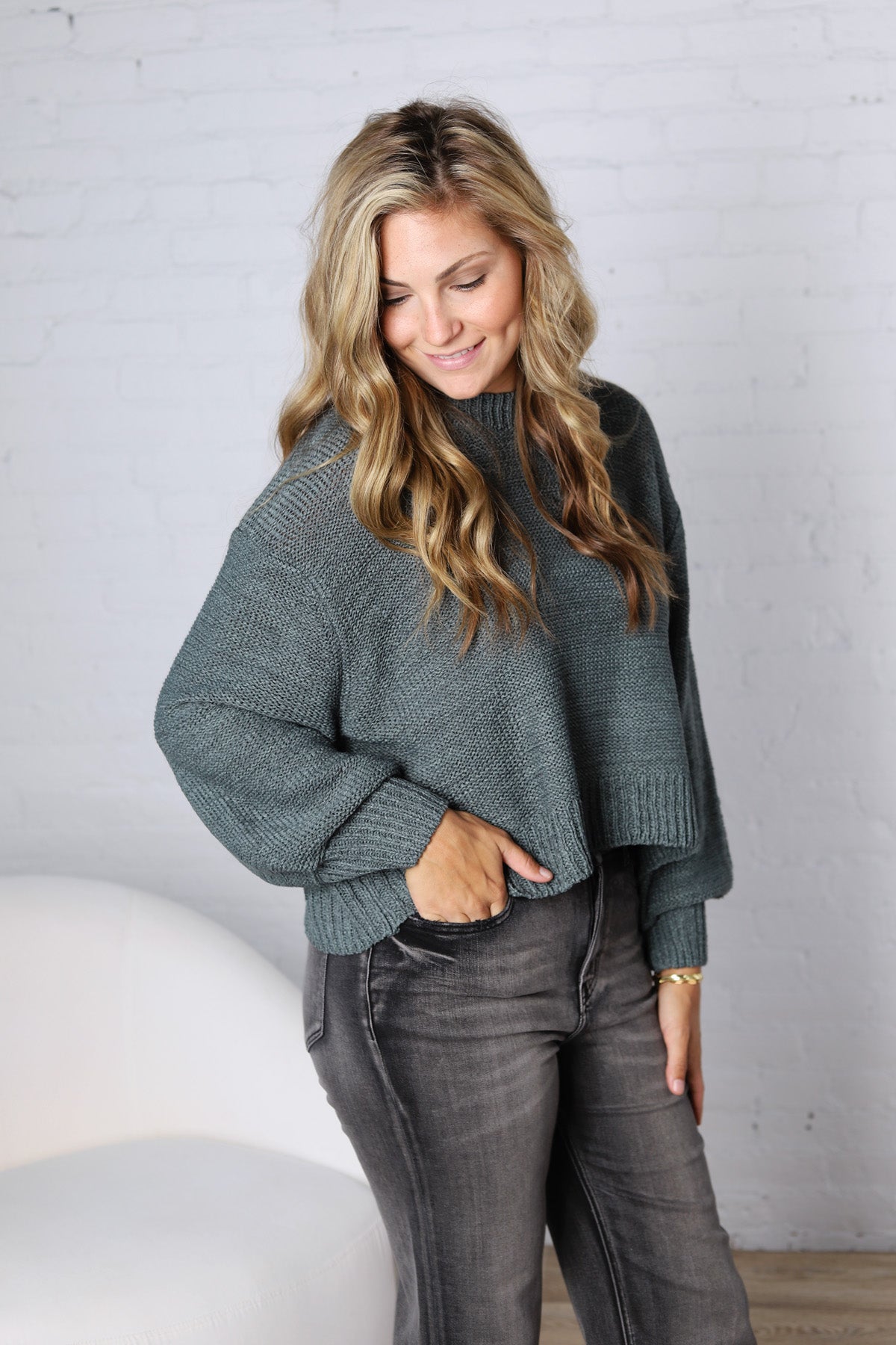 Avenly Oversized Balloon Sleeve Sweater - Ash Jade