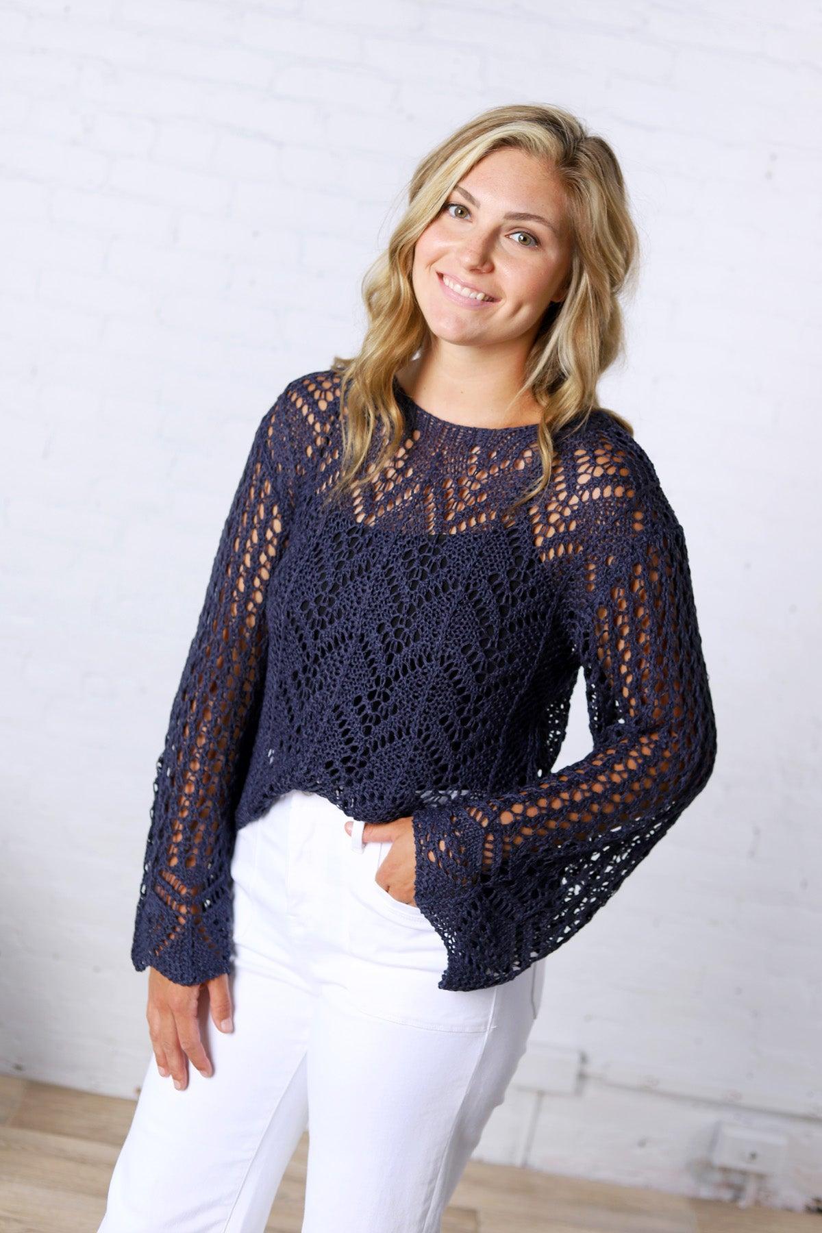 Averie Crochet Knit Top - Navy