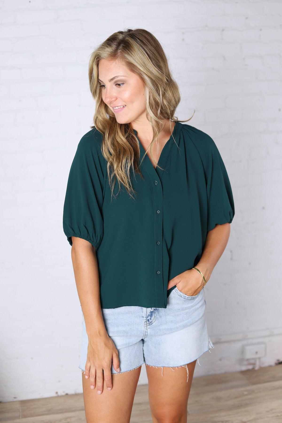 Avyn Blouse with Button Down Front - Hunter Green