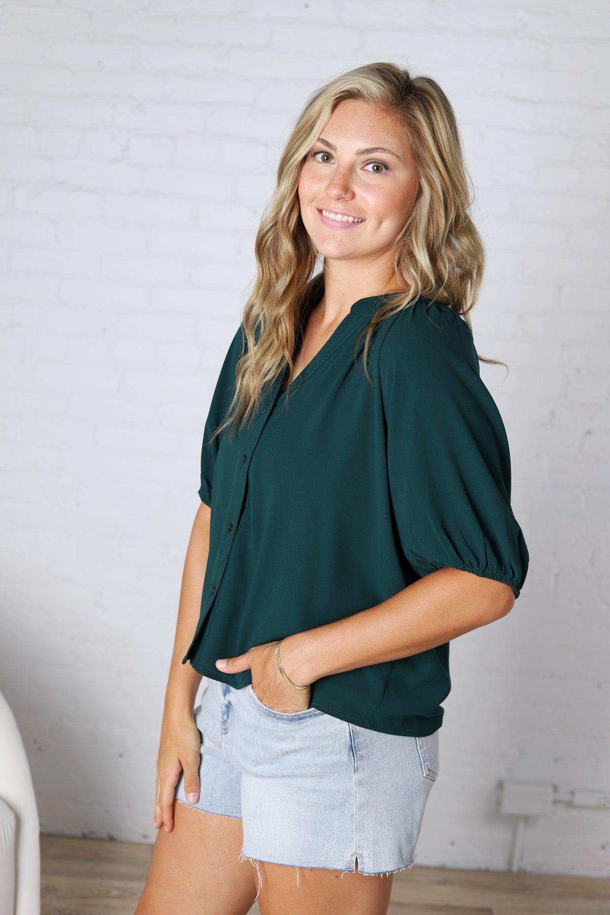 Avyn Blouse with Button Down Front - Hunter Green