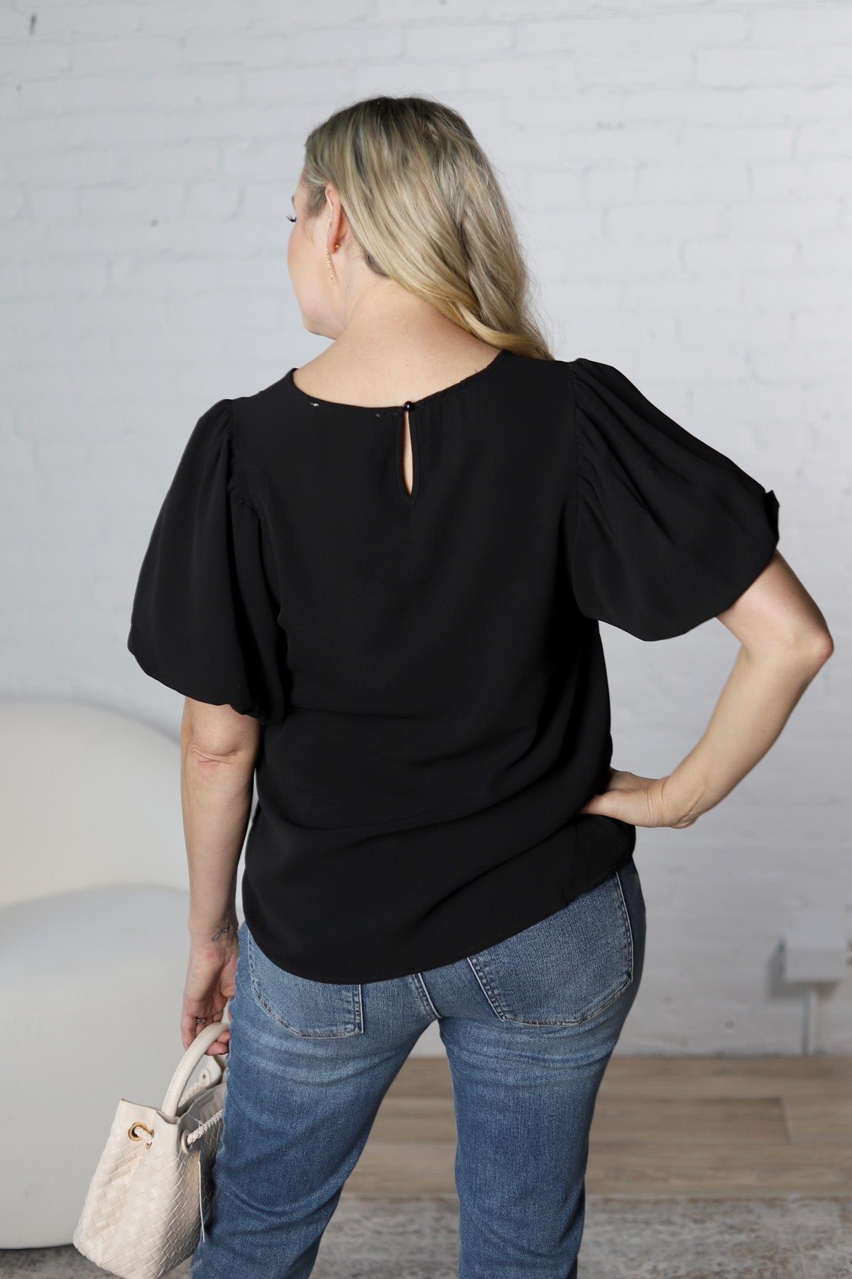 Ayla Short Sleeve Bubble Blouse - Black