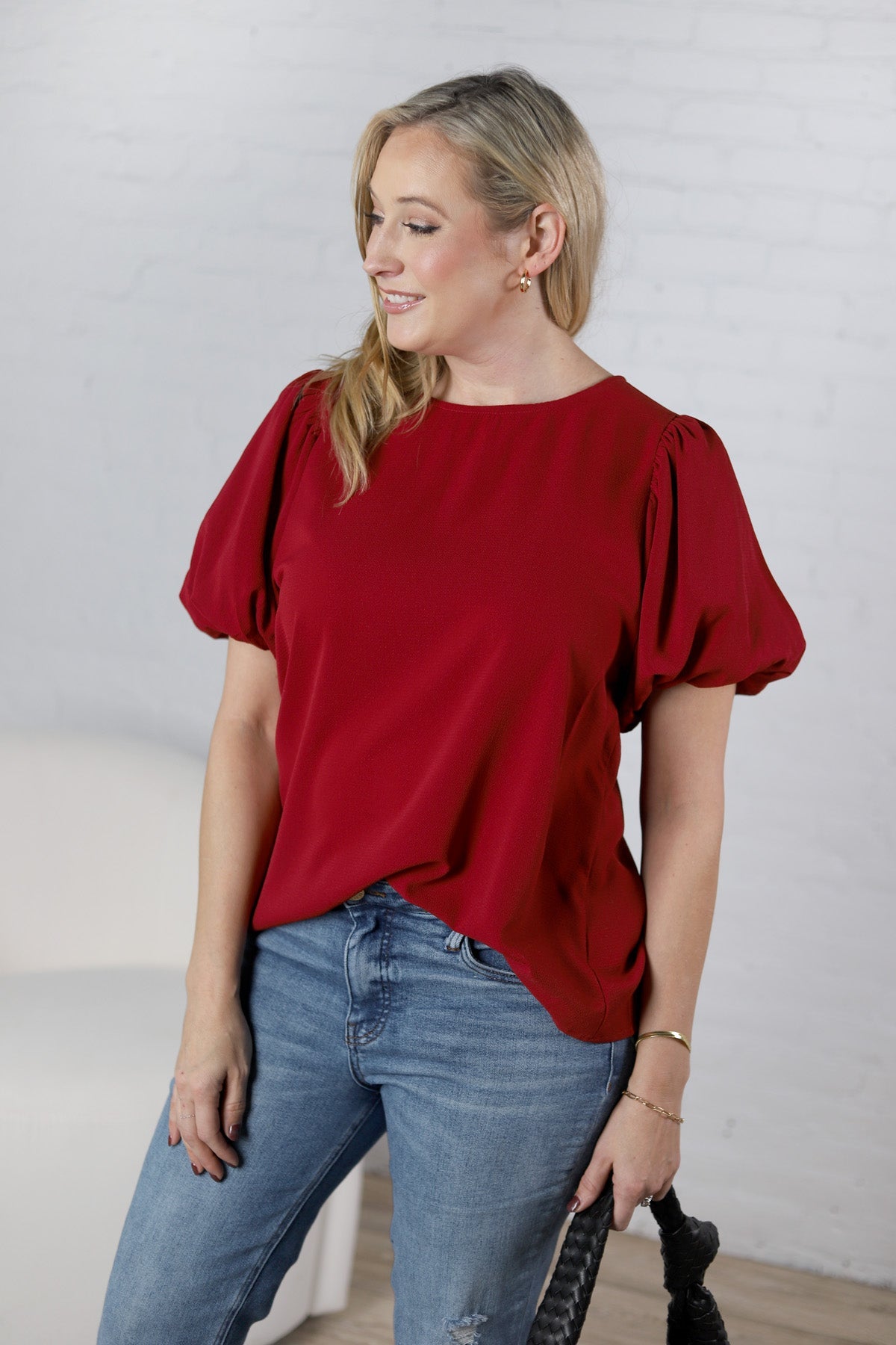 Ayla Short Sleeve Bubble Blouse - Burgundy