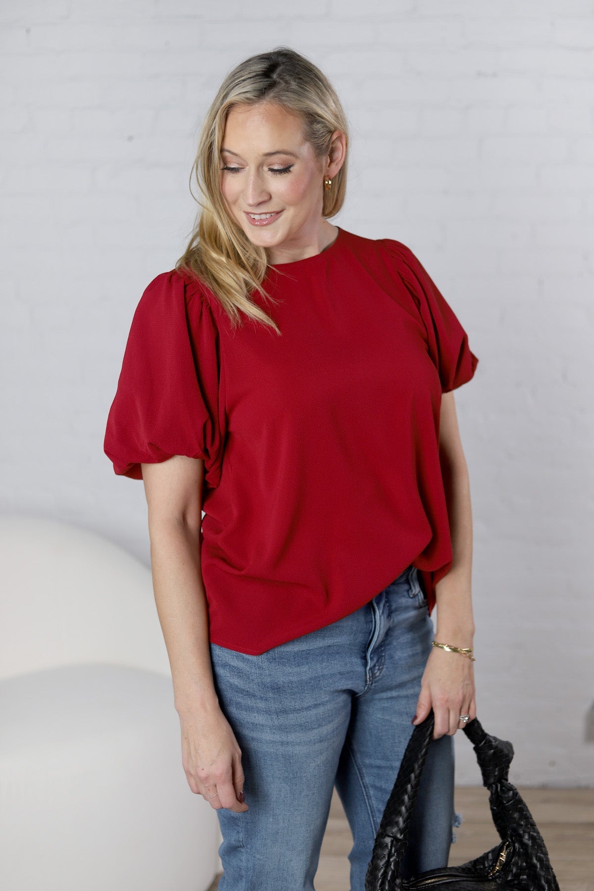 Ayla Short Sleeve Bubble Blouse - Burgundy