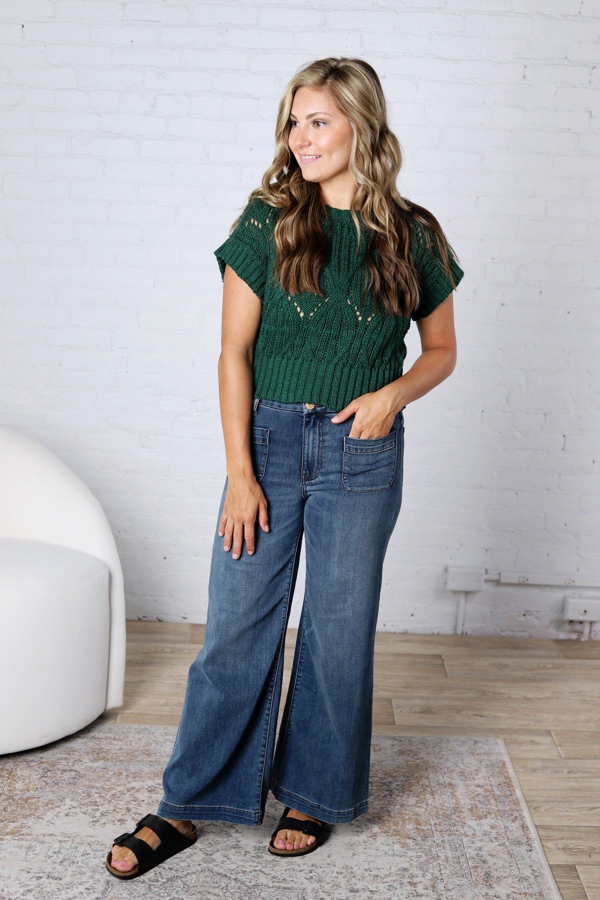 Azaria Cable Knit Short Sleeve Sweater - Hunter Green