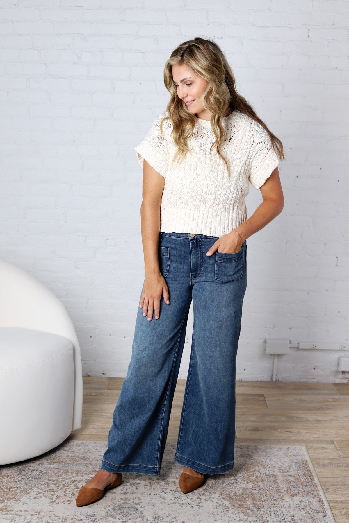 Azaria Cable Knit Short Sleeve Sweater - Oatmeal
