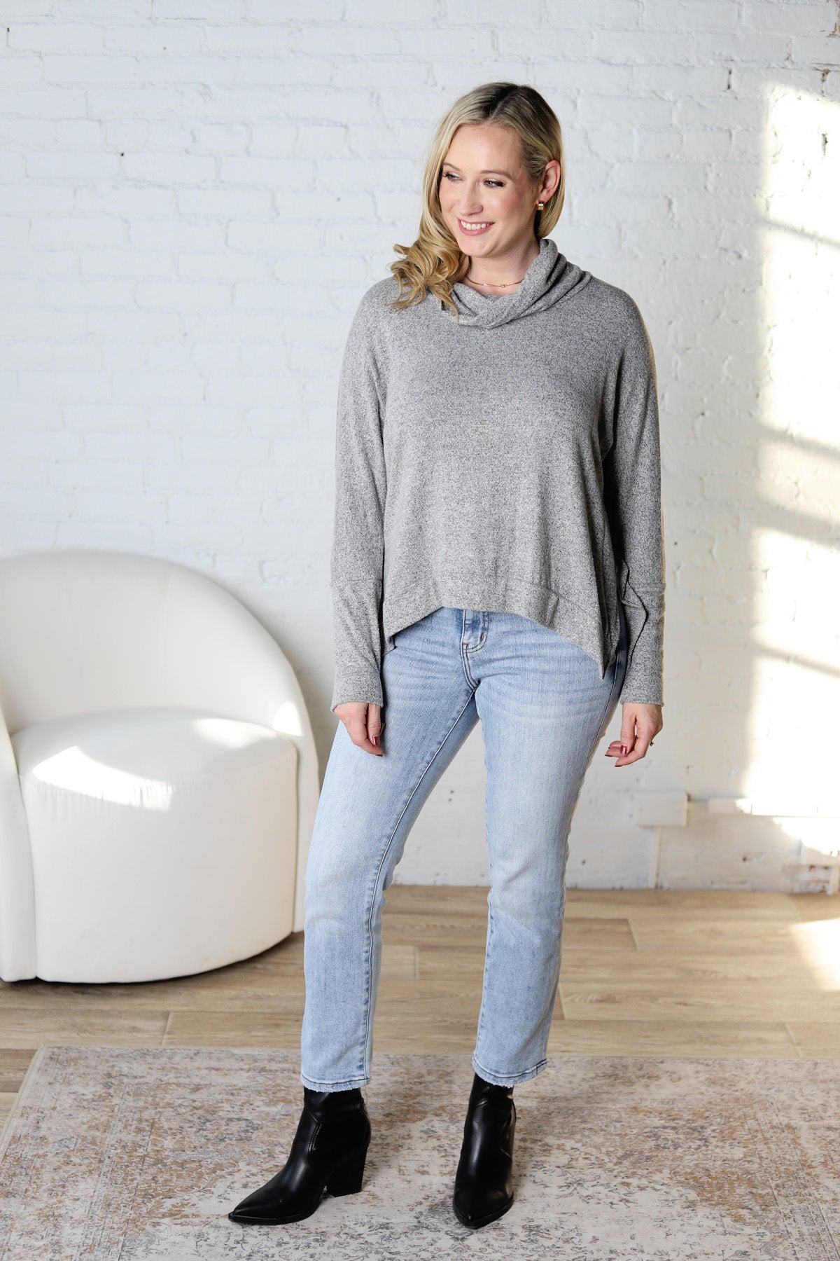 Baila Turtle Cowl Neck Long Sleeve - Heather Grey FINAL SALE