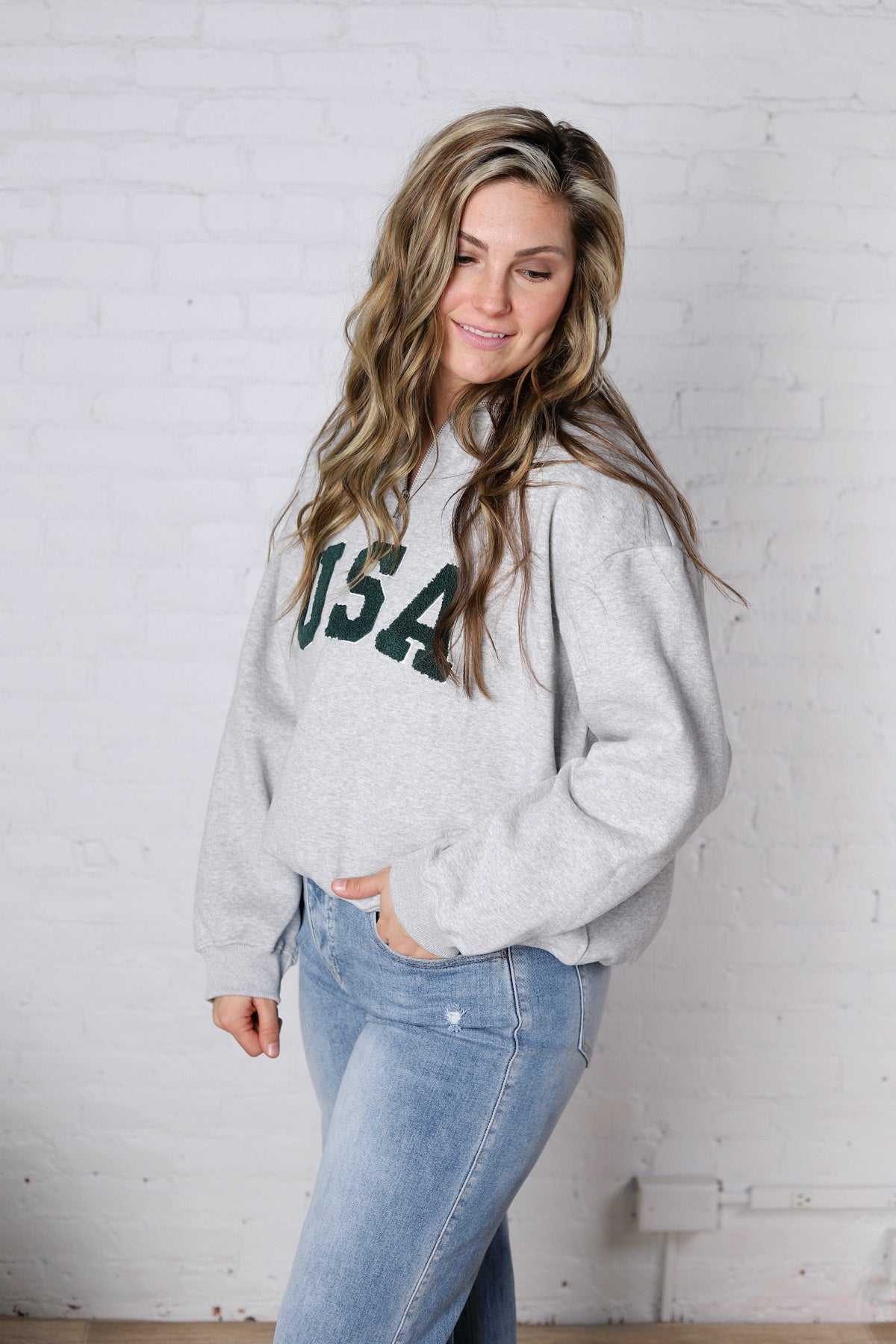 Bailey Quarter Zip USA Sweatshirt - Grey