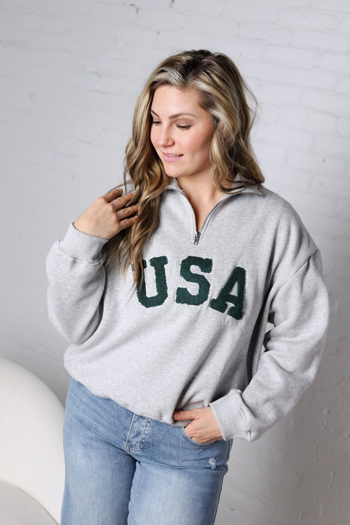 Bailey Quarter Zip USA Sweatshirt - Grey