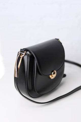 Bergen Flapover Crossbody Bag w/ Twist Lock Closure - Black