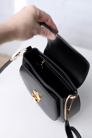 Bergen Flapover Crossbody Bag w/ Twist Lock Closure - Black