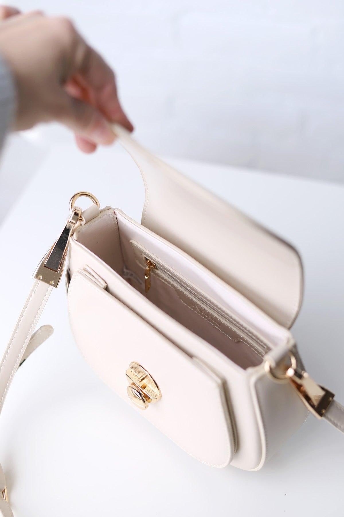 Bergen Flapover Crossbody Bag w/ Twist Lock Closure - Greige