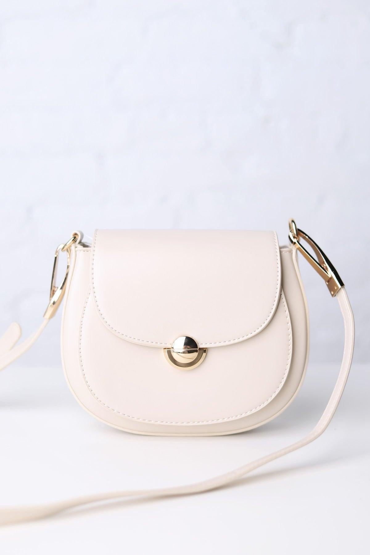 Bergen Flapover Crossbody Bag w/ Twist Lock Closure - Greige