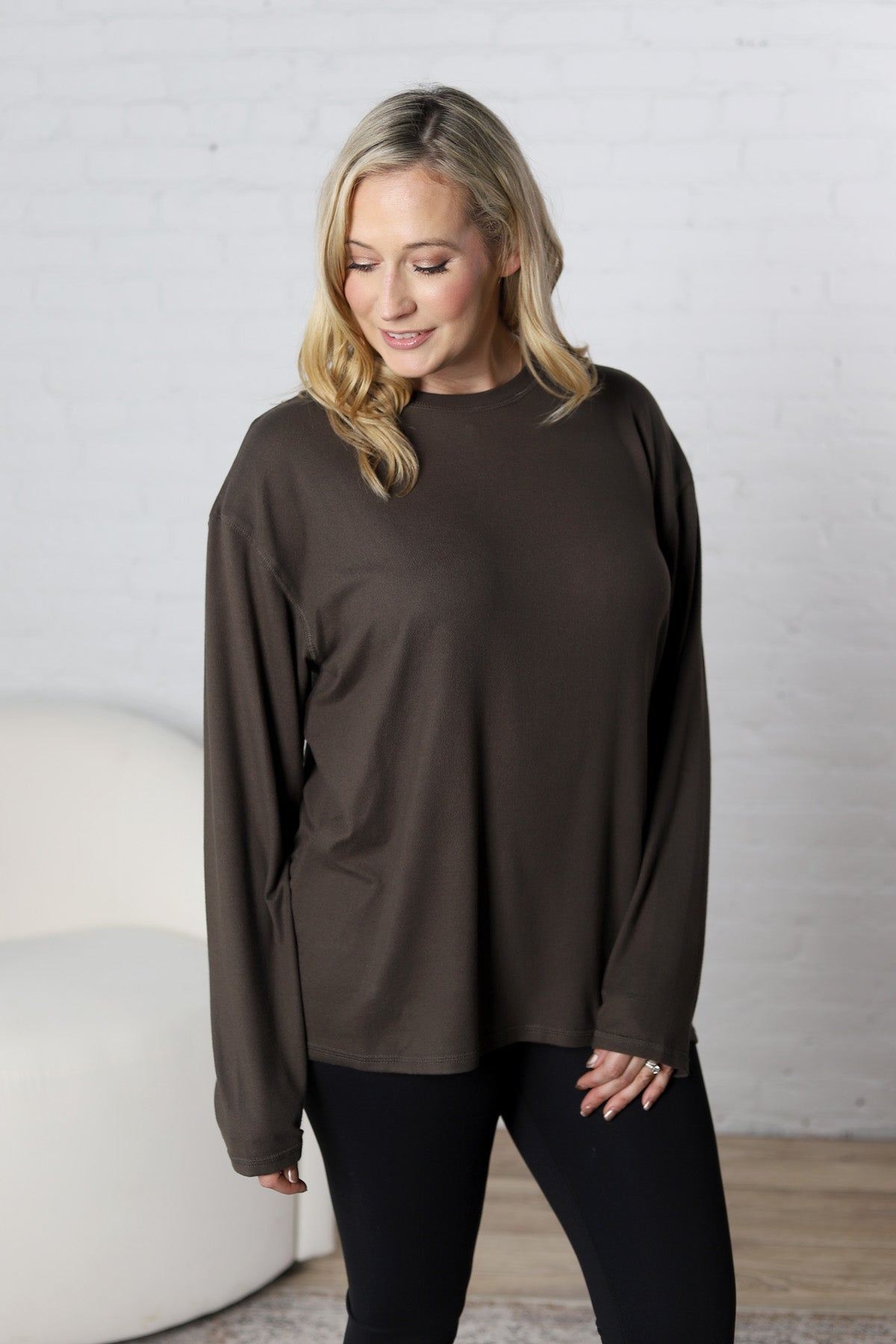 Bettina Boyfriend Hacci Long Sleeve Top - Dark Olive FINAL SALE