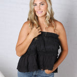 Birdie Lace Trim Ruffled Strapless Trapez Top - Black