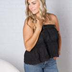 Birdie Lace Trim Ruffled Strapless Trapez Top - Black