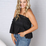 Birdie Lace Trim Ruffled Strapless Trapez Top - Black