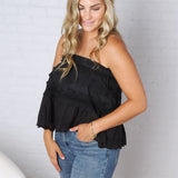Birdie Lace Trim Ruffled Strapless Trapez Top - Black