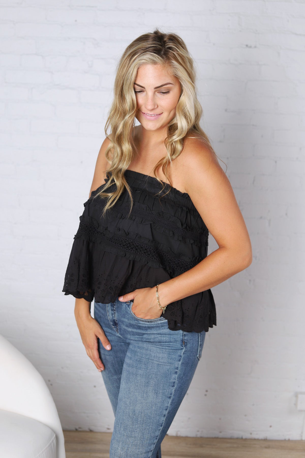 Birdie Lace Trim Ruffled Strapless Trapez Top - Black