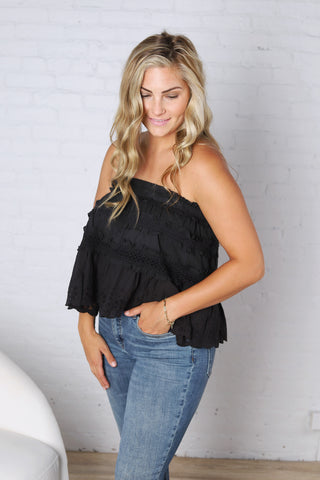 Birdie Lace Trim Ruffled Strapless Trapez Top - Black