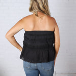 Birdie Lace Trim Ruffled Strapless Trapez Top - Black