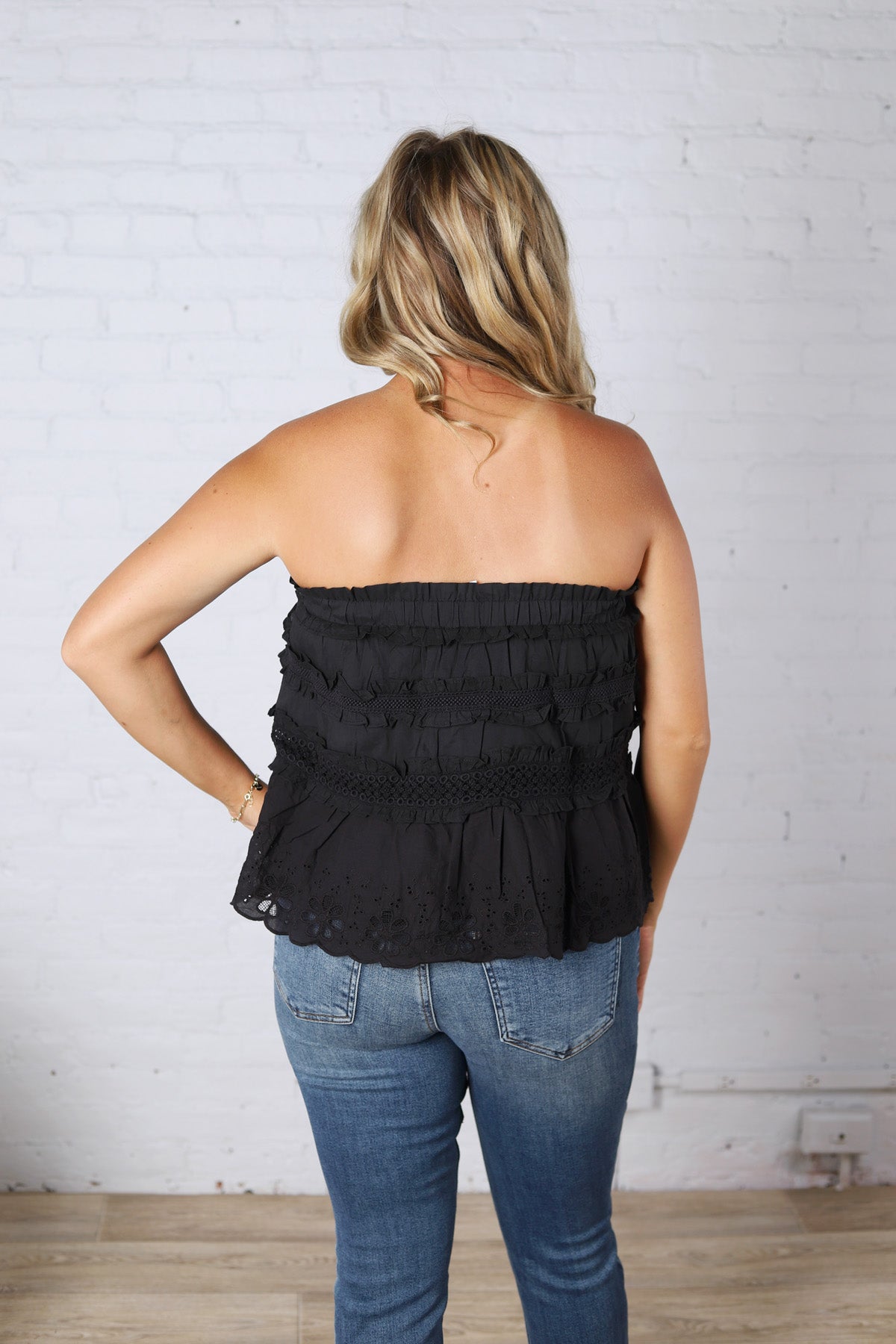 Birdie Lace Trim Ruffled Strapless Trapez Top - Black