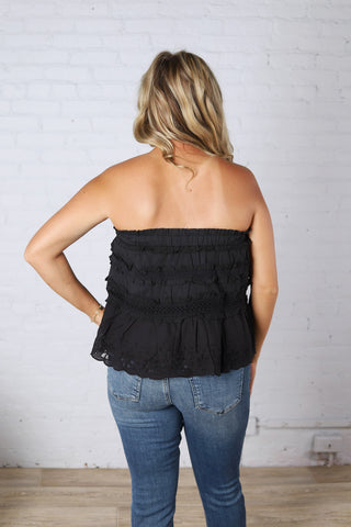 Birdie Lace Trim Ruffled Strapless Trapez Top - Black