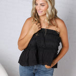 Birdie Lace Trim Ruffled Strapless Trapez Top - Black