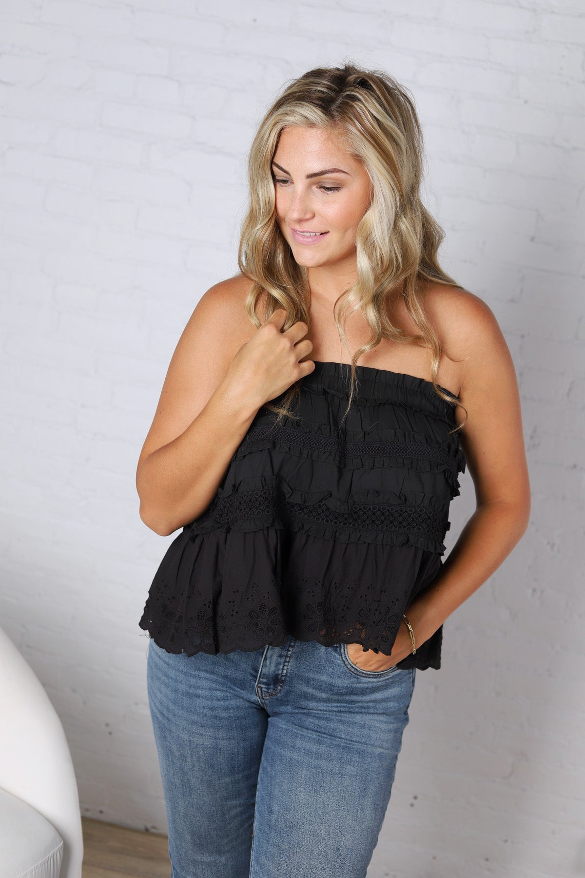 Birdie Lace Trim Ruffled Strapless Trapez Top - Black