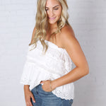 Birdie Lace Trim Ruffled Strapless Trapez Top - White FINAL SALE