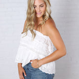 Birdie Lace Trim Ruffled Strapless Trapez Top - White FINAL SALE