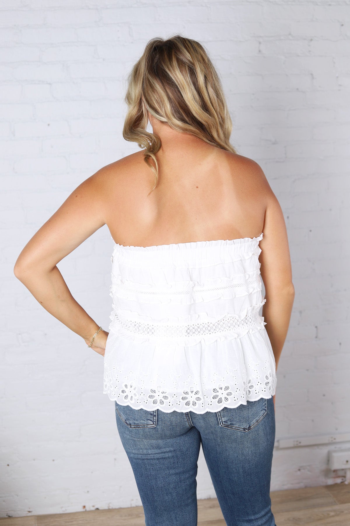 Birdie Lace Trim Ruffled Strapless Trapez Top - White FINAL SALE